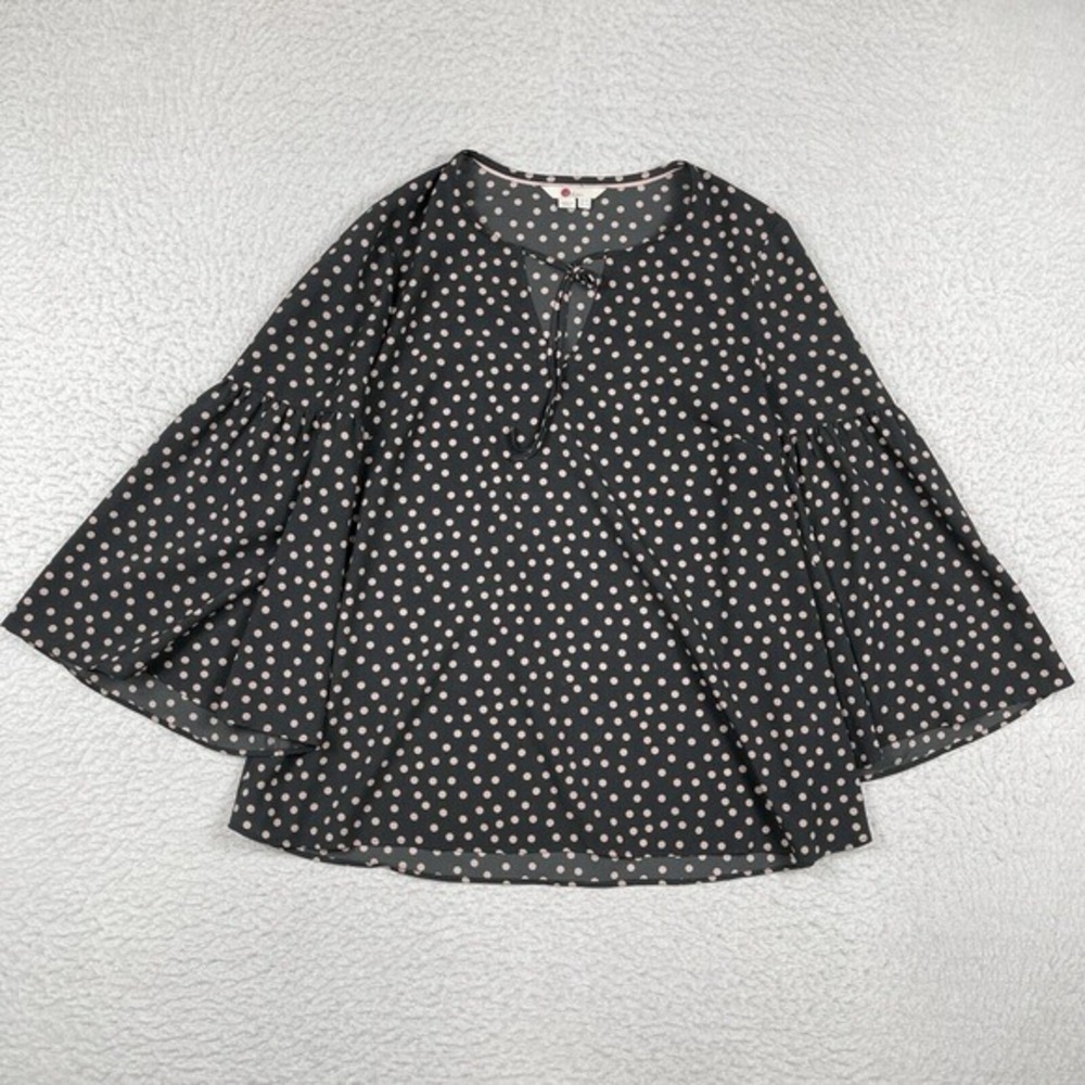 Boden Shirt Womens 6 Gray Pink Polka Dot Blouse Career Boho Tie Neck Bell Sleeve